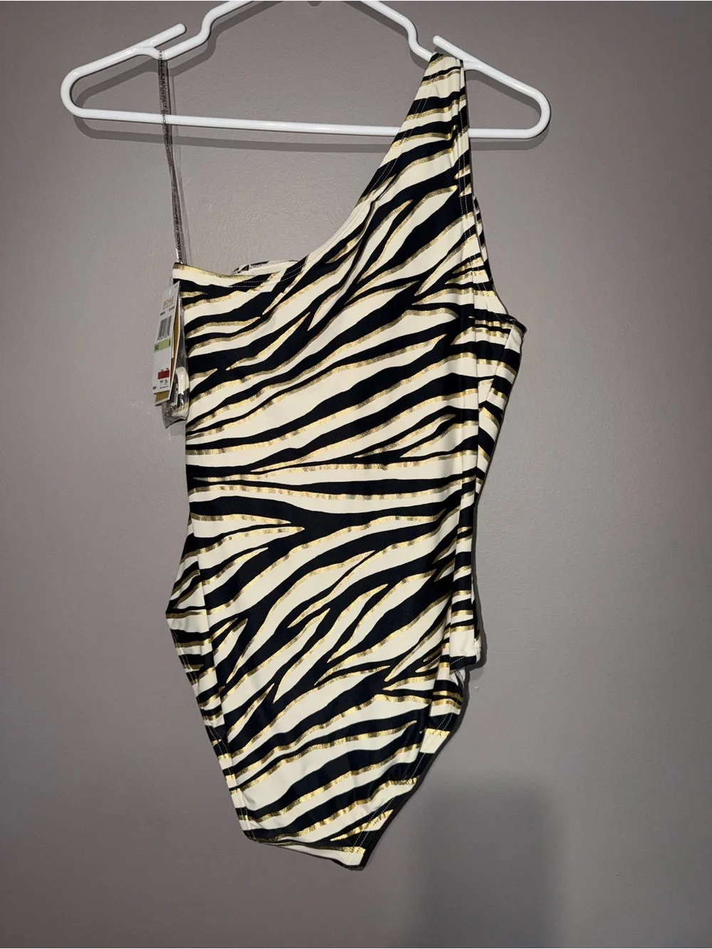 Michael Kors Black, White & Gold Zebra Stripe One-Shoulder Swimsuit - Picture 2 of 9